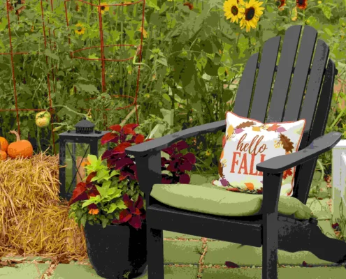Autumn decorations of a raised bed garden and deck with pumpkin hay bales, throw pillow, and chrysanthemums, plants and flowers on the background